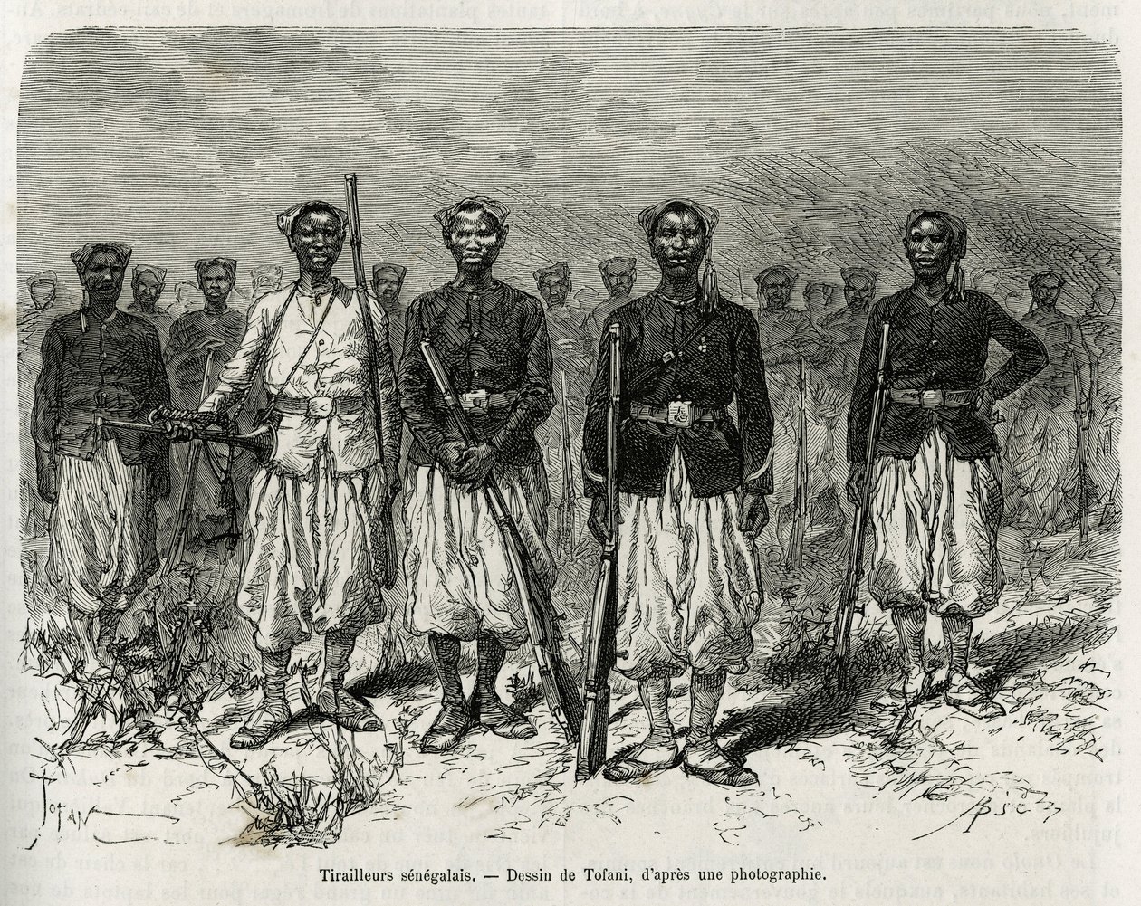 Senegalscy jeźdźcy eskorty ekspedycji. Grawerunek autorstwa Tofaniego, ilustrujący historię Eksploracji Górnego Nigeru przez komandora Gallieniego z piechoty morskiej w latach 1880-1881, opublikowany w Tour du monde, pod kierownictwem Edouarda Chartona (18 autorstwa Oswaldo Tofani