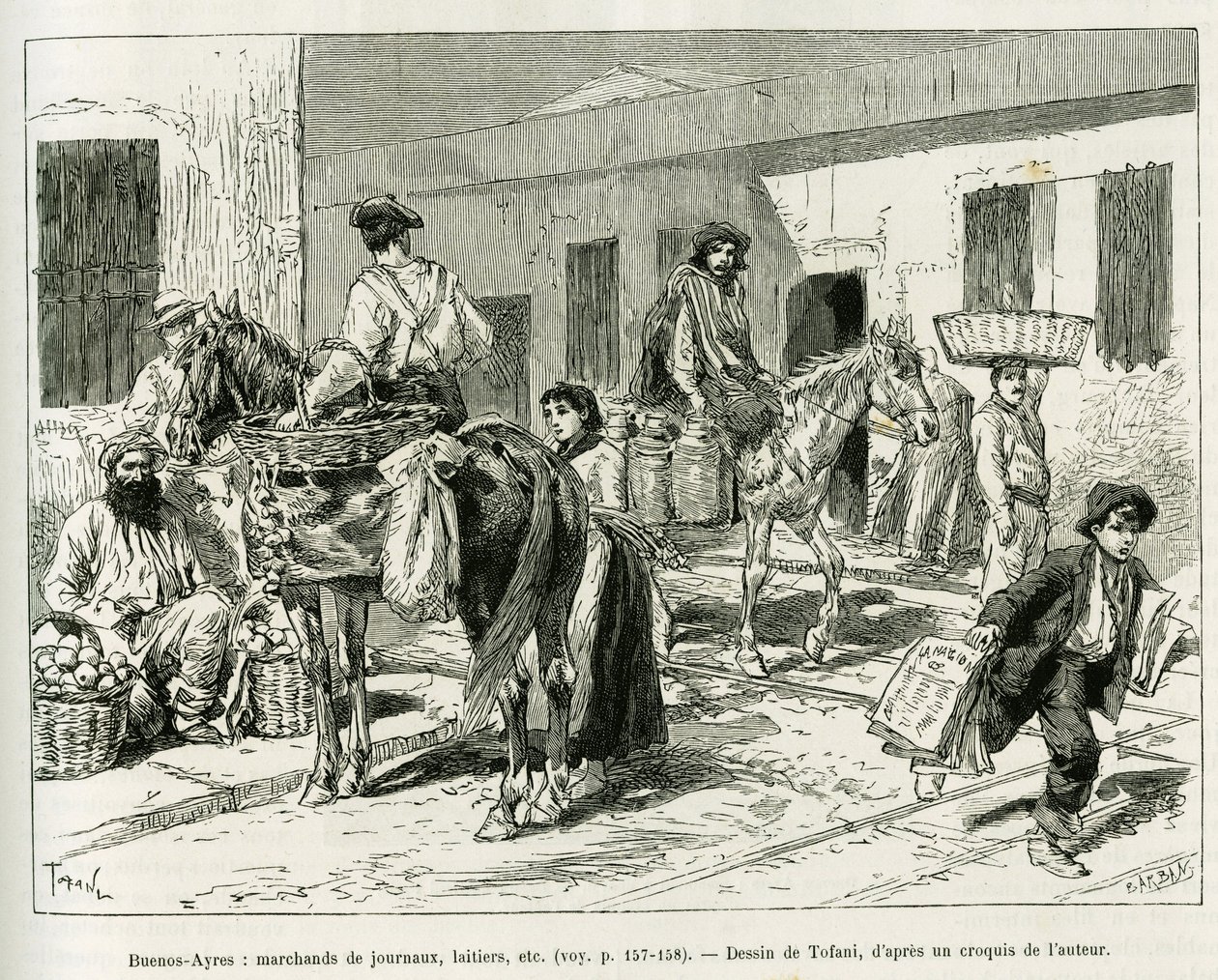 Małe firmy, sprzedawcy gazet, nabiał, sprzedawcy owoców itp. na ulicach Buenos Aires (Argentyna). Grawer autorstwa Tofaniego ilustrujący historię Voyage a la Plata, trzy miesiące wakacji Emile Blairaux w 1886, w tour du monde 1887, unde autorstwa Oswaldo Tofani