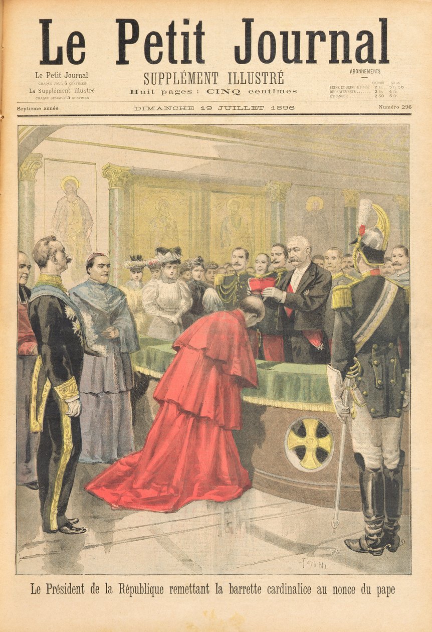 Nuncjusz apostolski otrzymujący Czerwony Kapelusz z rąk prezydenta Republiki Francuskiej, z Le Petit Journal, 19 lipca 1896 autorstwa Oswaldo Tofani