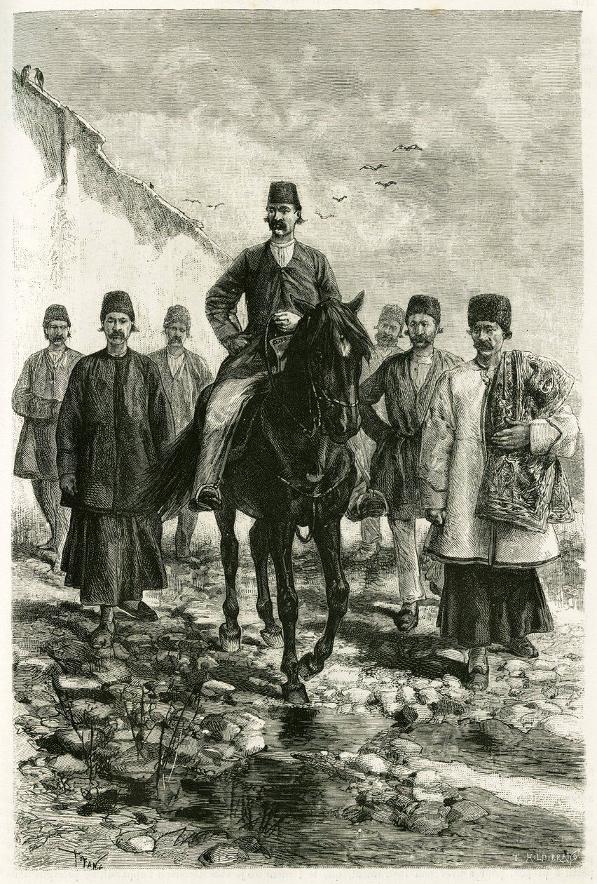 Gubernator Kachan (lub Kashan w prowincji Teheran, dzisiejszy Iran) jeździ na czarnym koniu, a jego świta jest na piechotę. Grawerowanie Tofaniego, z fotografii, aby zilustrować historię „”Persja, Chaldee i Susiane”” w latach 1881-1882, Jane Dieulafoy (z d autorstwa Oswaldo Tofani