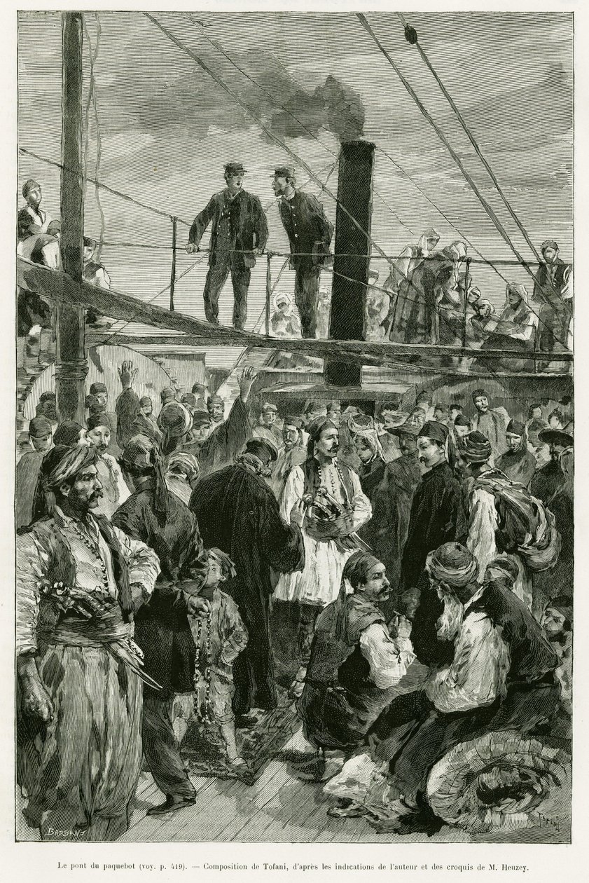 Pokład statku. Grawerowanie Tofaniego dla zilustrowania opowiadania Podróż do Tesalii w 1882 r. autorstwa Paula Monceaux, in le tour du monde 1887, w reżyserii Edouarda Chartona (1807-1890), Hachette, Paryż. autorstwa Oswaldo Tofani