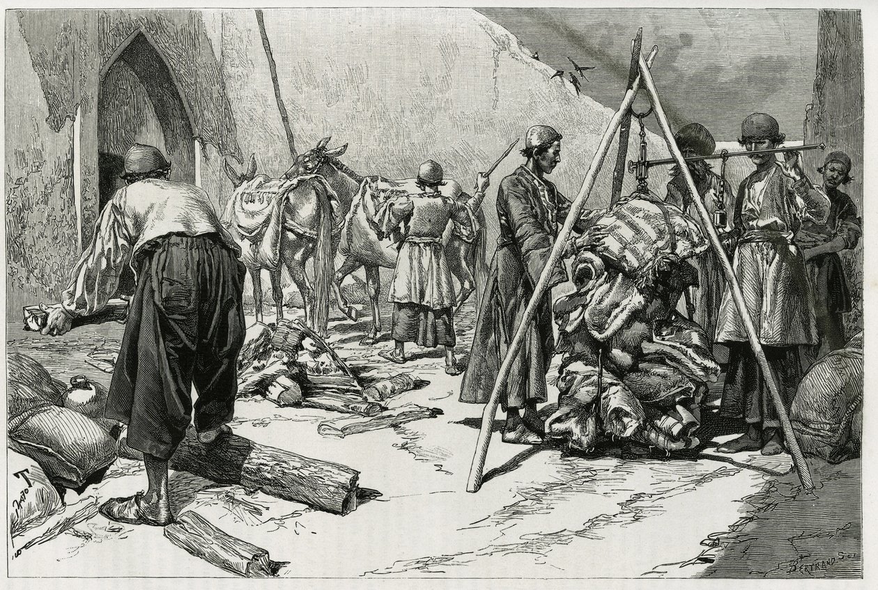 Ważenie bagażu przed odlotem Delafoy Bridal Expedition. Grawer autorstwa Tofaniego, ilustrujący historię „Persja, Chaldee i Susiane”” autorstwa Oswaldo Tofani