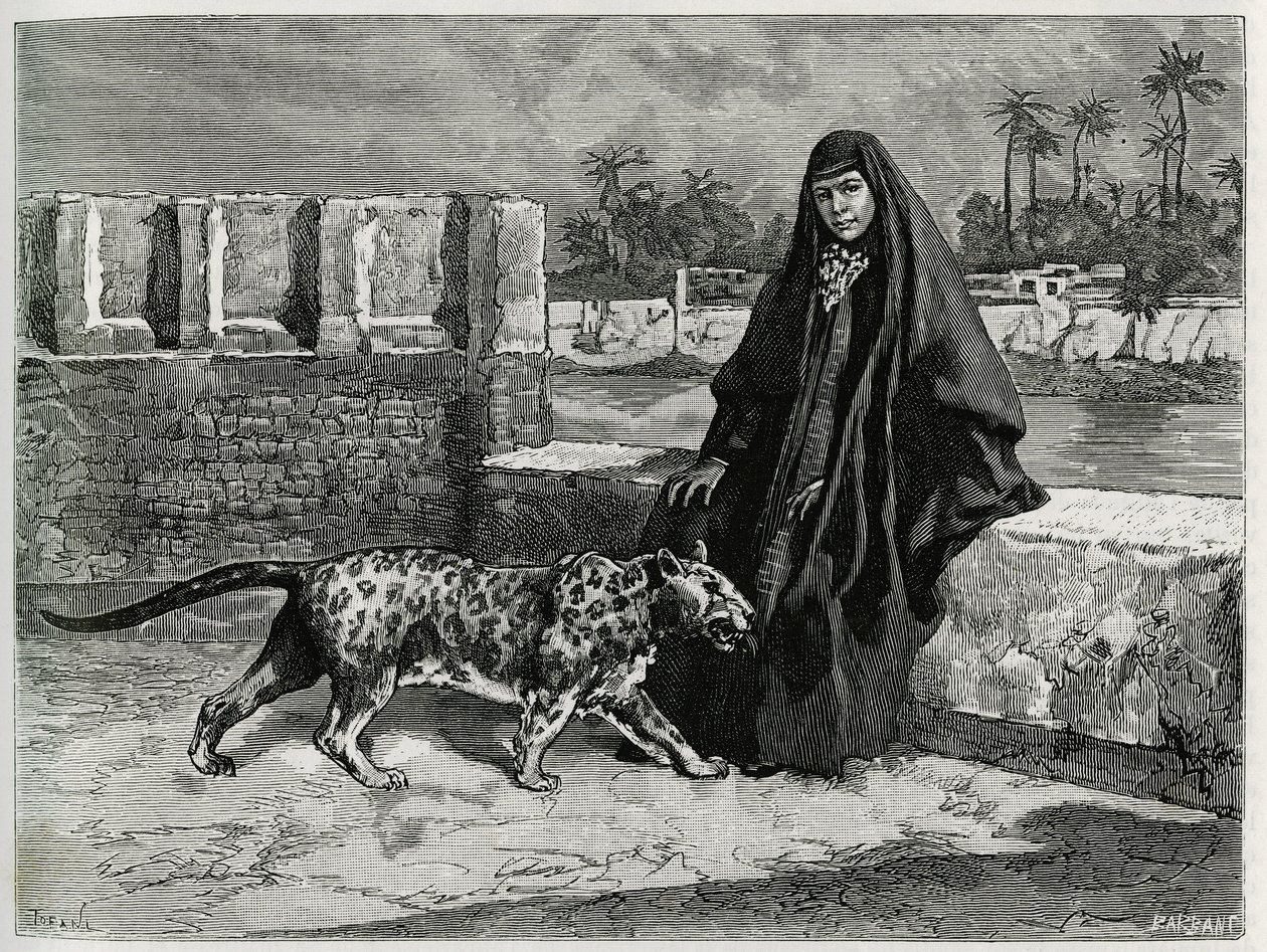 Torkan Khanoum, ulubieniec szejka Mojżesza, potężnego przywódcy plemiennego Arabistanu ze swoją panterą. Grawer autorstwa Tofaniego, ilustrujący historię „Persja, Chaldee i Susiane” autorstwa Oswaldo Tofani