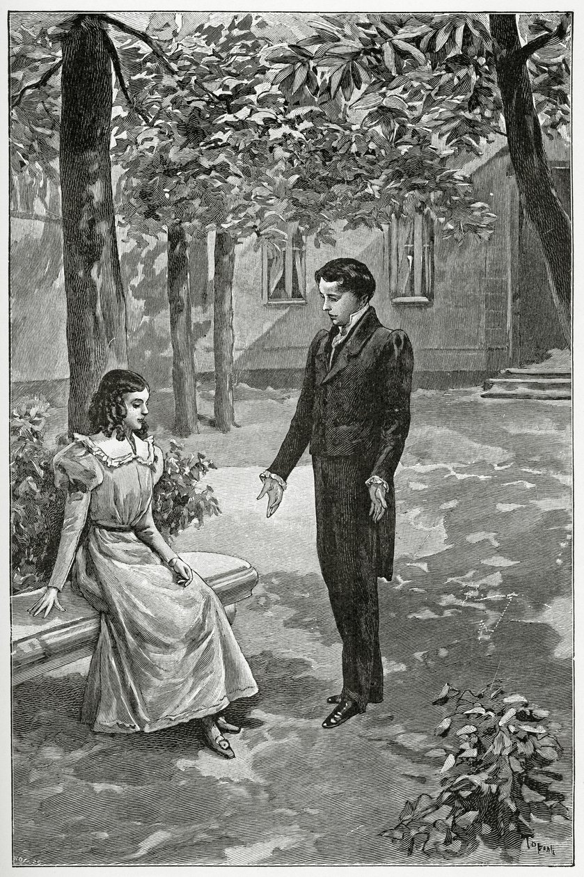 Victor Hugo wyznający miłość Adele Foucher, XIX w. (rycina bw) autorstwa Oswaldo Tofani