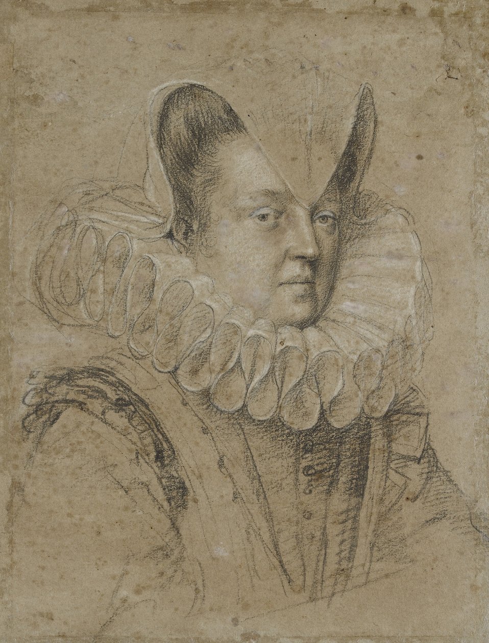 Portret Margherity, księżnej Ferrary (czarna kreda, podwyższona bielą, na brązowo-szarym papierze) autorstwa Ottavio Mario Leoni