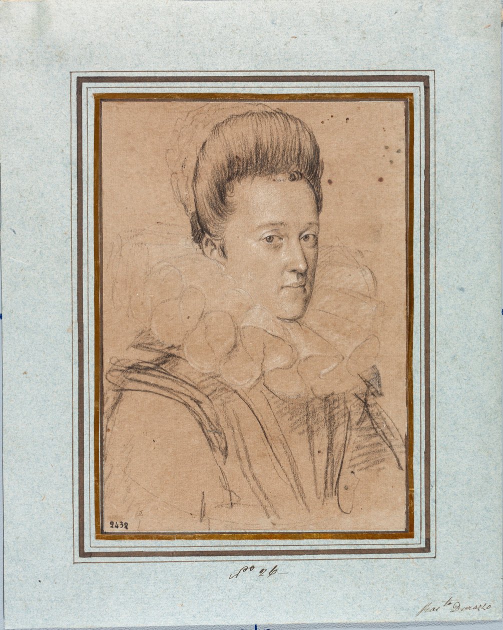 Portret Eleonory Medycejskiej (Eleonora de Medici) (1567-1611) Żona Wincentego I z Gonzagi, księcia Mantui (Vincenzo I Gonzaga, księcia Mantui) (1562-1612) Rysunek Ottavio Leoniego (1578-1630) Geny, Muzea Strada Nuova, inw 2432 autorstwa Ottavio Mario Leoni