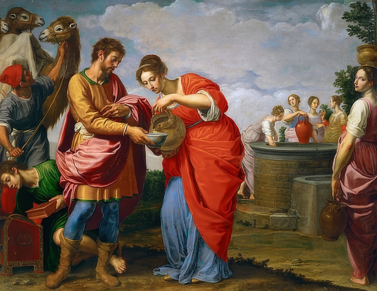 Rebekka i Eliezer przy studni. Około 1626/27 autorstwa Ottavio Vannini
