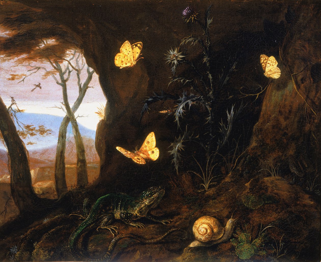 Małe gady i motyle w kącie lasu autorstwa Otto Marseus  van Schrieck