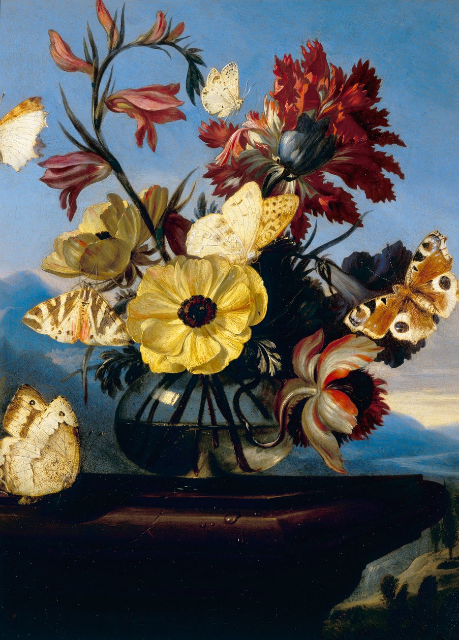 Wazon z kwiatami z motylem autorstwa Otto Marseus  van Schrieck