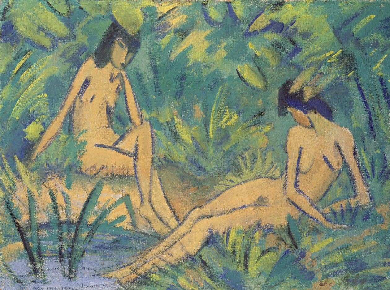 Dziewczęta siedzące nad wodą, ok. 1920 (tempera na hessianie) autorstwa Otto Mueller