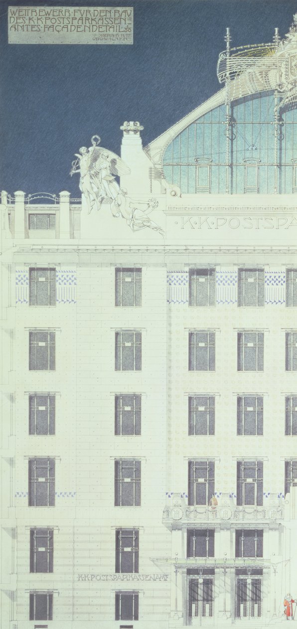 Post Office Savings Bank, Wiedeń, projekt przedstawiający detal elewacji, ok. 1904-06 (kolorowany ołówek) autorstwa Otto Wagner