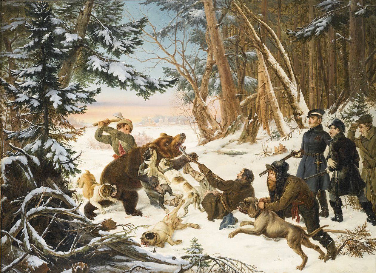 Aleksandr II (empereur de Russie) (1818-1881) - Carewicz Aleksander Nikołajewicz na polowaniu na niedźwiedzia na przedmieściach Moskwy par Grashof, Otto (1812-1876) autorstwa Otto Grashof