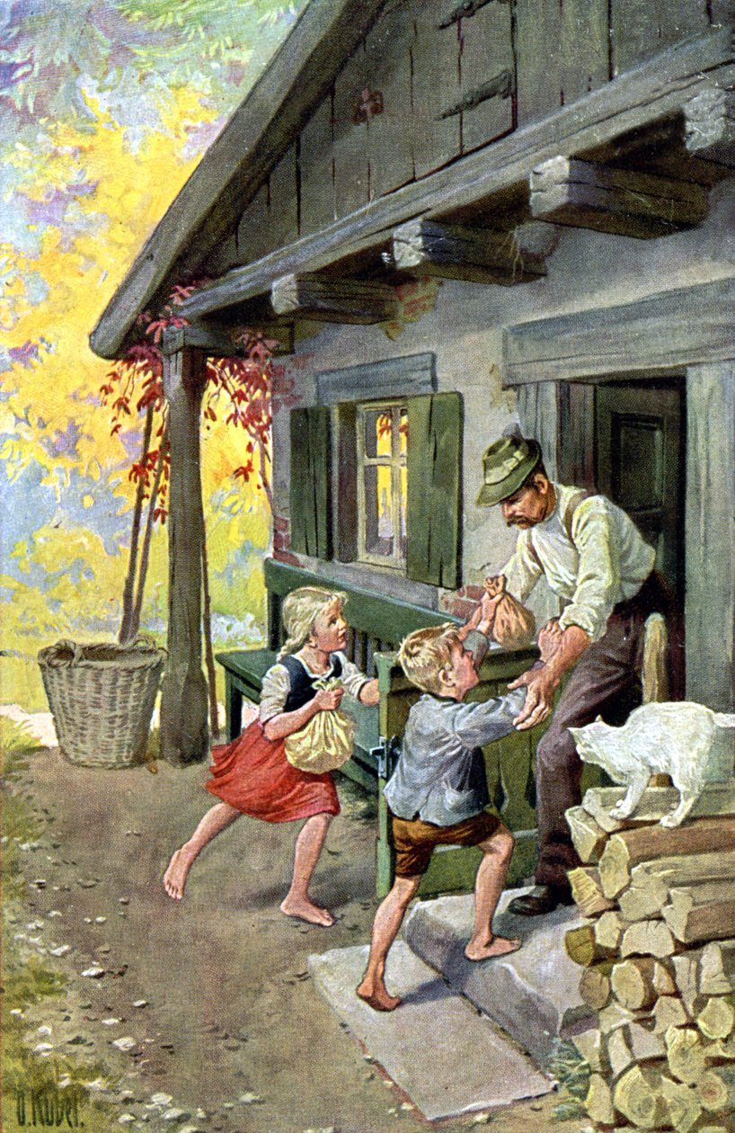 Jaś i Małgosia wracają do domu, ok. 1910 r. (pocztówka) autorstwa Otto Kubel