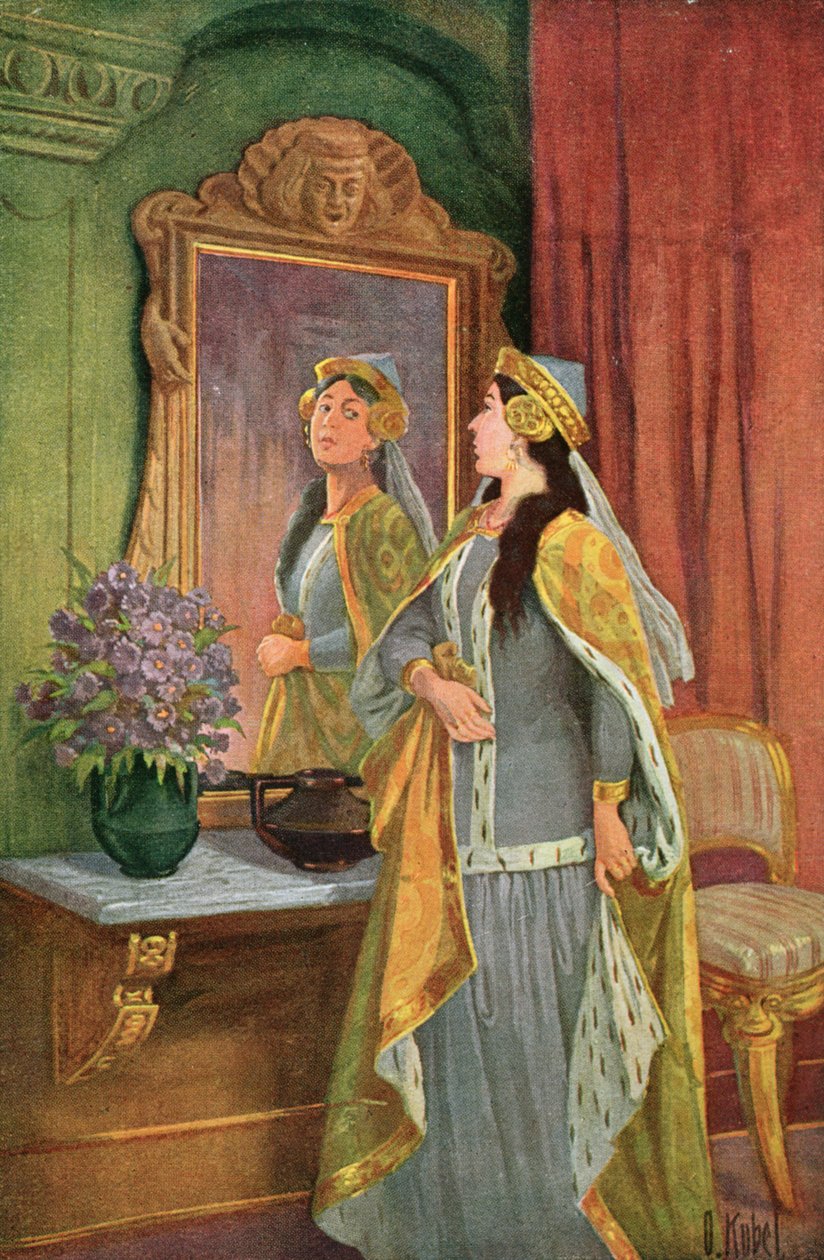 „Lustro, lustro na ścianie, kto jest najpiękniejszy z nich wszystkich?”, ilustracja z bajki Grimm „Królewna Śnieżka i siedmiu krasnoludków”, ok. 1900 (kolor lito) autorstwa Otto Kubel