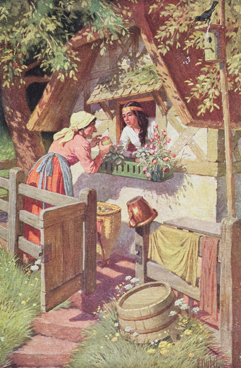 Zła królowa, przebrana za staruszkę, ofiarowuje Królewnie Śnieżce zatrute jabłko, ilustracja z bajki Grimm „Królewna Śnieżka i siedmiu krasnoludków”, ok. 1900 (kolor lito) autorstwa Otto Kubel