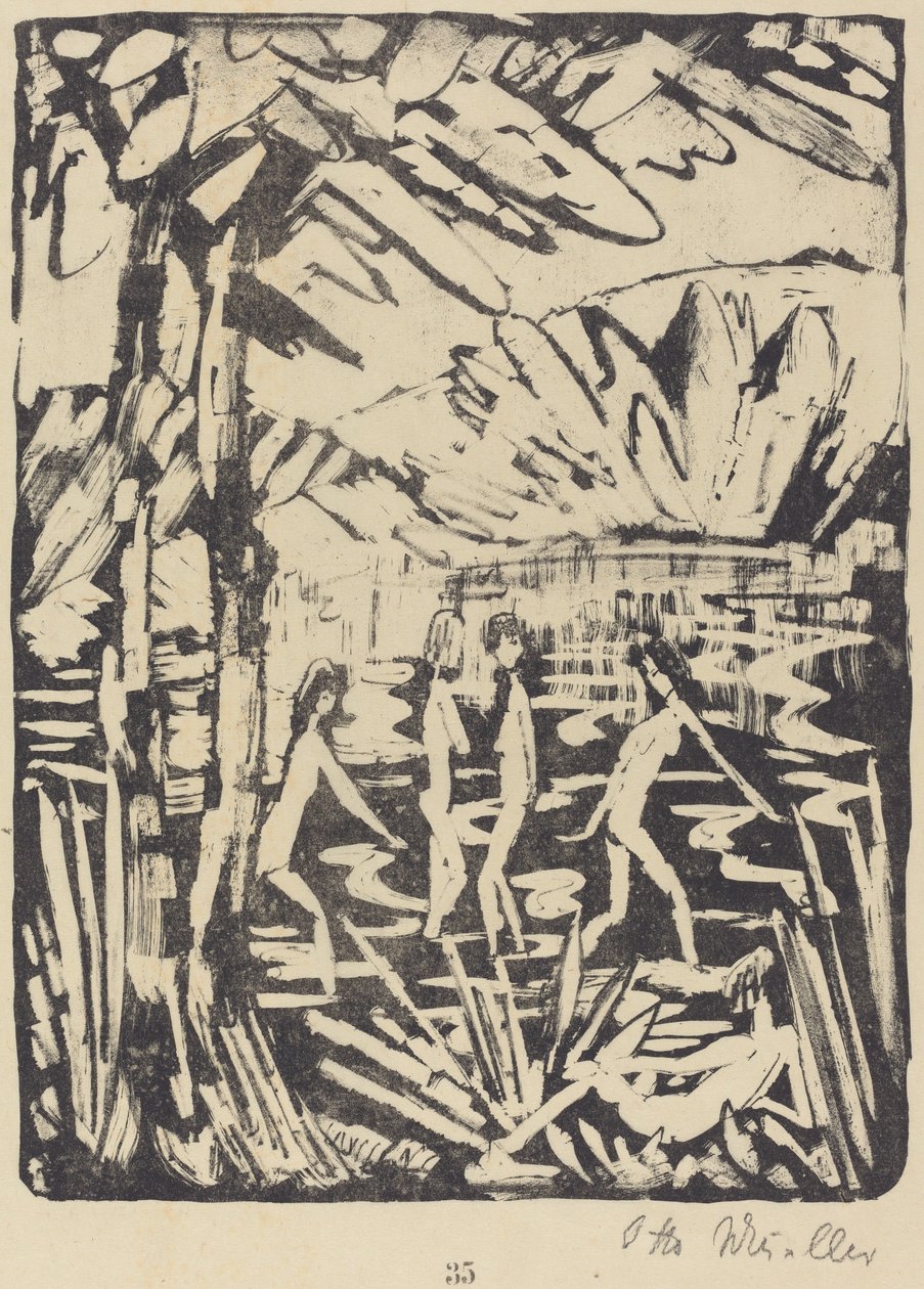 Pięć dziewczyn w leśnym stawie (Funf Madchen am Waldteich) autorstwa Otto Müller