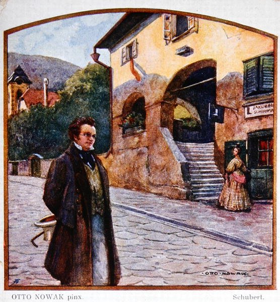 Franz Peter Schubert (1787-1828) przed domem szewca, ok. 1910 (kolor lito) autorstwa Otto Robert Nowak