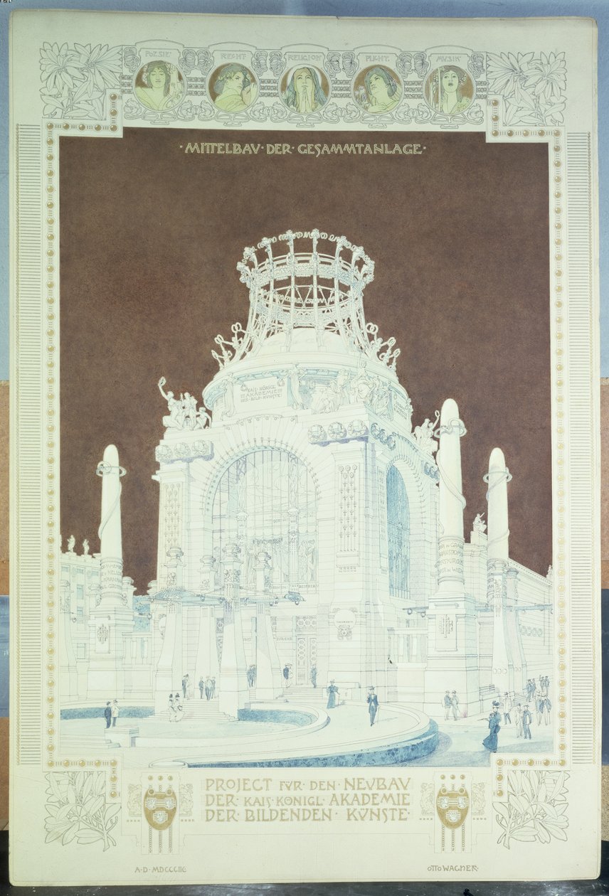 Akademia Sztuk Pięknych, Wiedeń, projekt Hall of Honor (kolorowy ołówek) autorstwa Otto Wagner