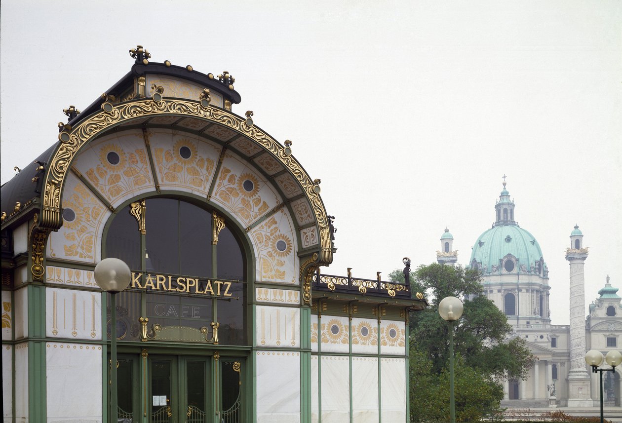 Art Nouveau: widok na pawilon stacji metra Karlsplatz (obecnie kawiarnia) wykonany przez architekta Otto Wagnera (1841-1918) (Secesja Wiedeńska) 1894-1899 Wiedeń, Austria autorstwa Otto Wagner