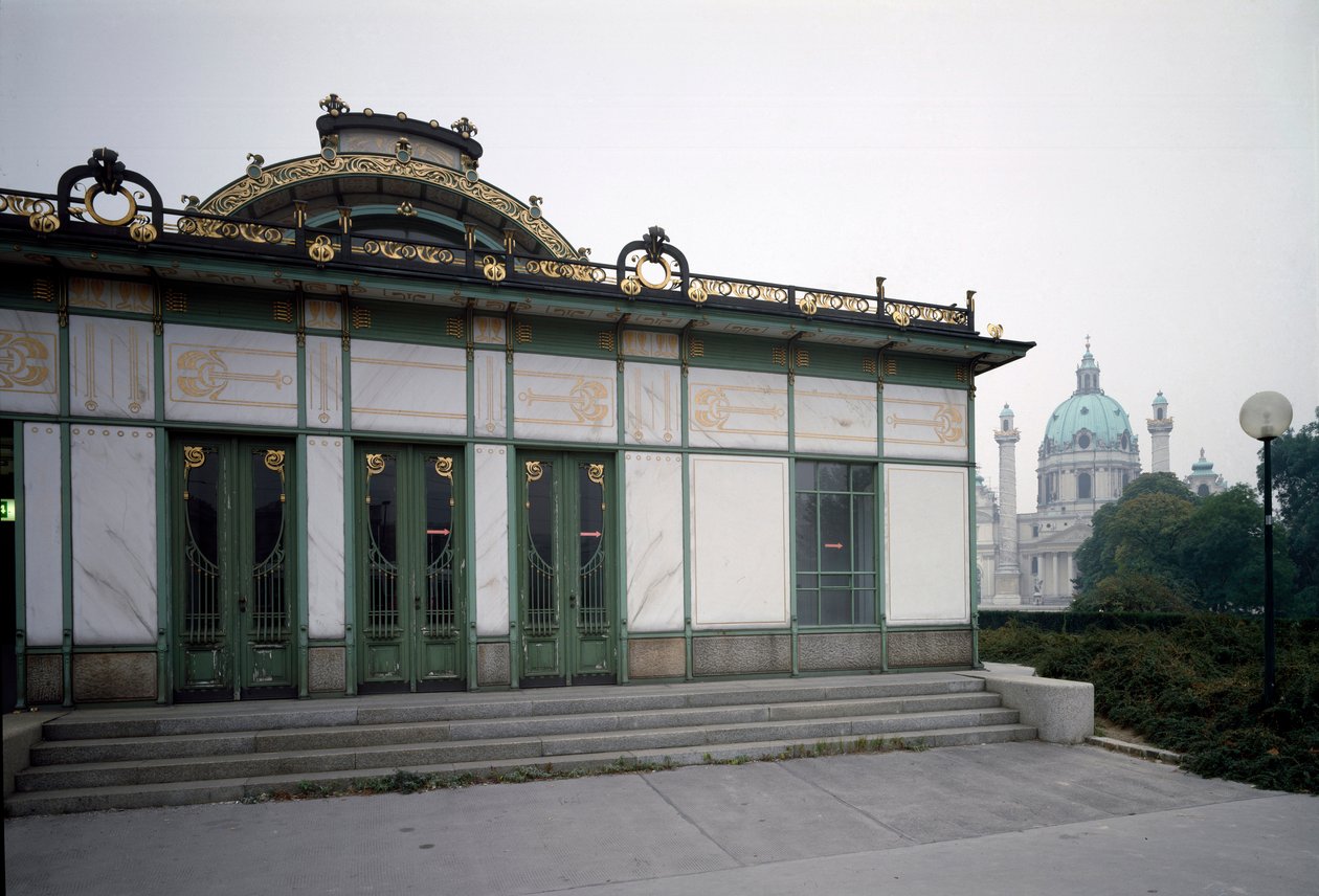 Art Nouveau: widok na pawilon stacji metra Karlsplatz (obecnie kawiarnia) wykonany przez architekta Otto Wagnera (1841-1918) (Secesja Wiedeńska) 1894-1899 Wiedeń, Austria autorstwa Otto Wagner