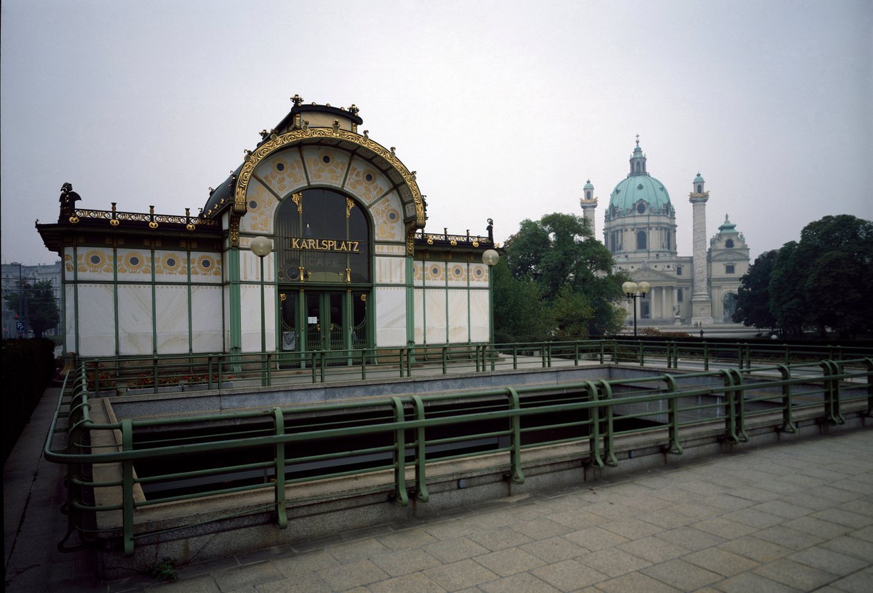 Art Nouveau: widok na pawilon stacji metra Karlsplatz (obecnie kawiarnia) wykonany przez architekta Otto Wagnera (1841-1918) (Secesja Wiedeńska) 1894-1899 Wiedeń, Austria autorstwa Otto Wagner