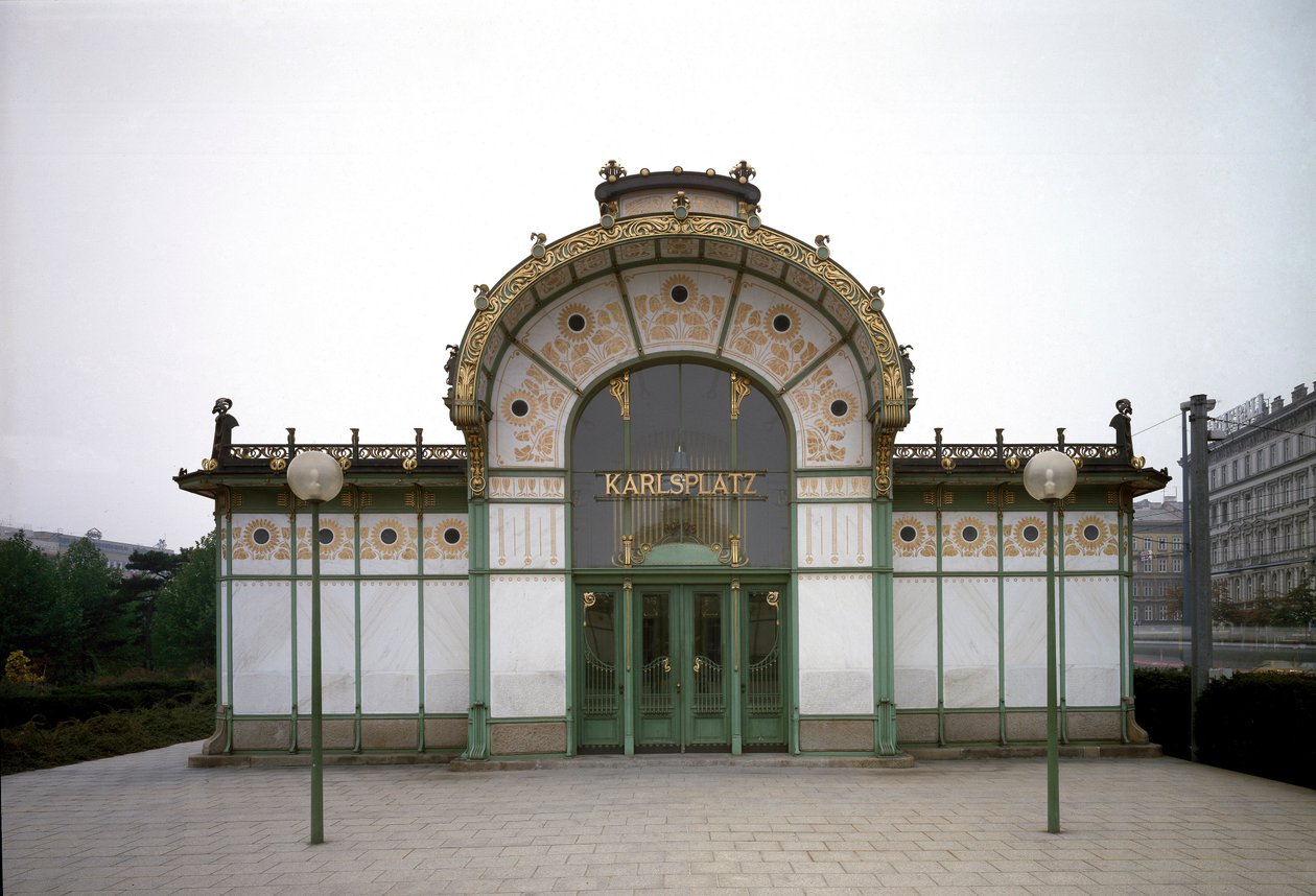 Art Nouveau: widok na pawilon stacji metra Karlsplatz (obecnie kawiarnia) wykonany przez architekta Otto Wagnera (1841-1918) (Secesja Wiedeńska) 1894-1899 Wiedeń, Austria autorstwa Otto Wagner