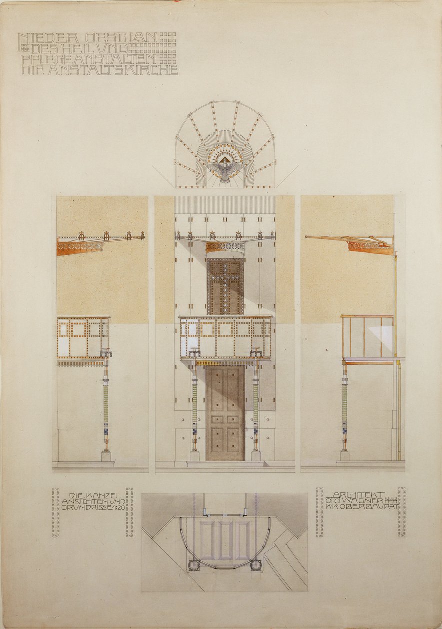 Szkic ambony kościoła Steinhof, centralnego wiedeńskiego szpitala dla umysłowo chorych ... autorstwa Otto Wagner