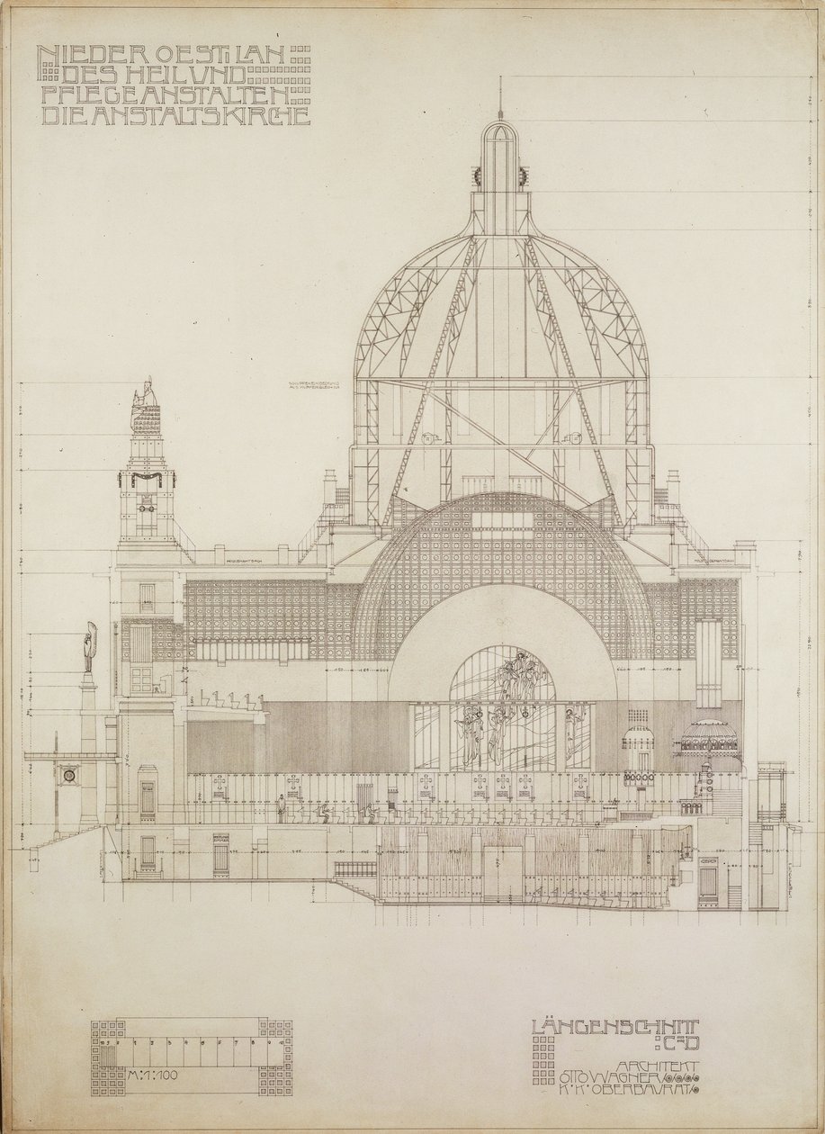 Pionowy rzut kościoła Steinhof, centralnego wiedeńskiego szpitala dla umysłowo chorych ... autorstwa Otto Wagner