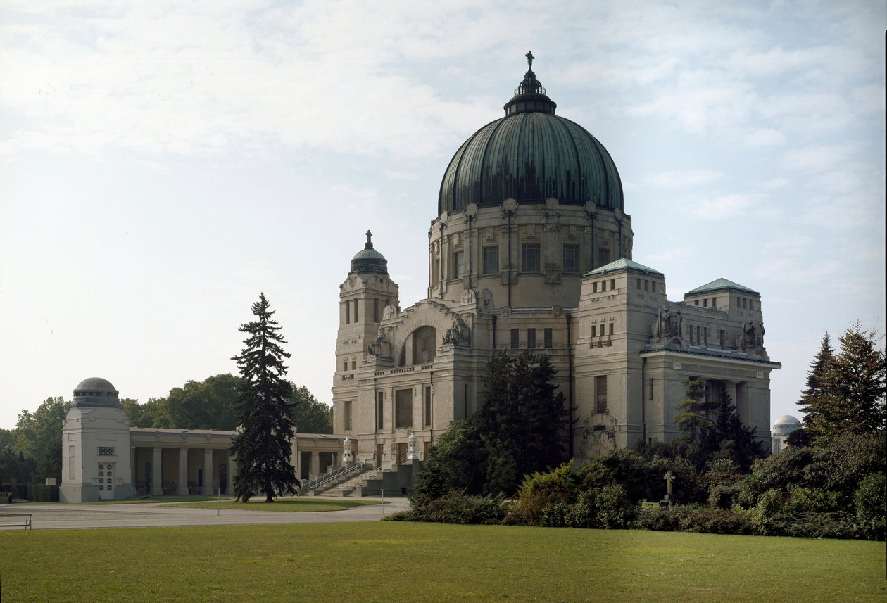 Widok grobowca rodzinnego autorstwa architekta Otto Wagnera (1841-1918) (Secesja Wiedeńska). Cmentarz Hietzing, Wiedeń, Austria autorstwa Otto Wagner