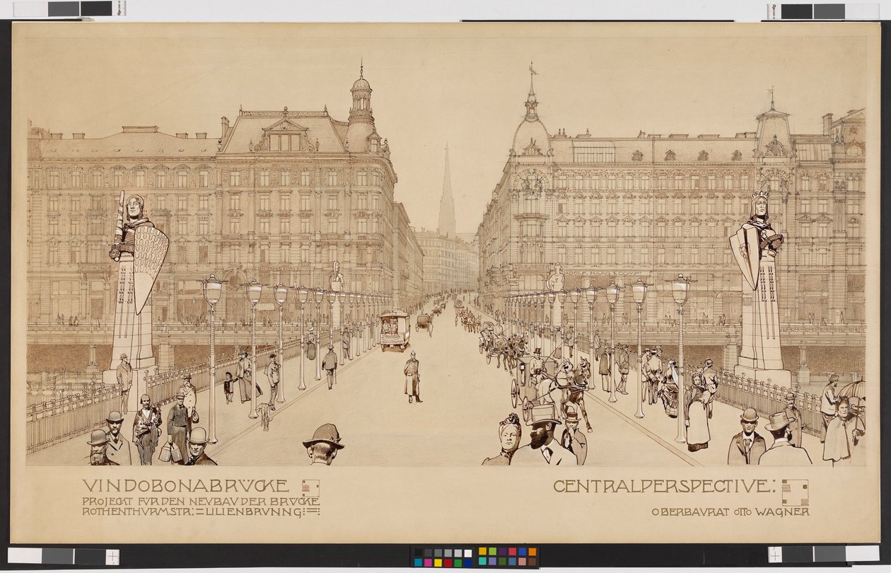 Most Vindobona / Projekt nowej budowy mostu Rothenthurmstraße - Lilienbrunngasse. Perspektywa centralna autorstwa Otto Wagner