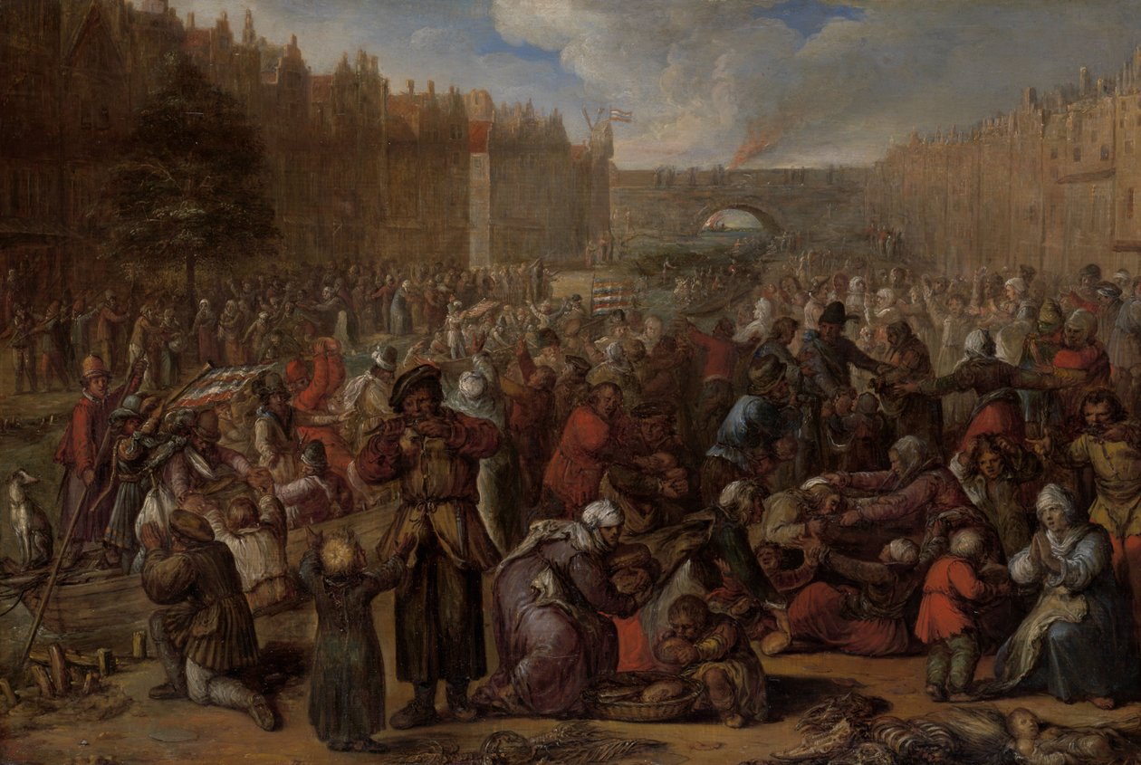 Dystrybucja śledzia i białego chleba na płaskorzeźbie Leiden, 3 października 1574, ok. 1600 (olej na panelu) autorstwa Otto van Veen