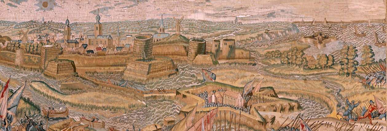 Flamandzki gobelin. Seria Triumfy i bitwy arcyksięcia Alberta. Atak i zdobycie obwarowanego pola bitwy pod Hulst (Asalto y toma del campo atrincherado de Hulst). Szósty gobelin w serii. Model Otto van Veen i Hans I Snellinck. Producent autorstwa Otto van Veen