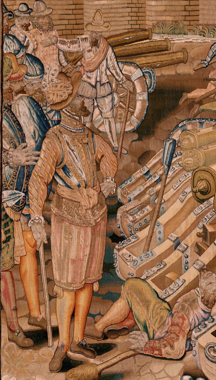 Flamandzki gobelin. Seria Triumfy i bitwy arcyksięcia Alberta. Napaść na miasto Calais (Asalto de la plaza de Calais). Drugi gobelin w serii. Model Otto van Veen i Hans I Snellinck. Manufaktura Martin Reynbouts, Bruksela autorstwa Otto van Veen