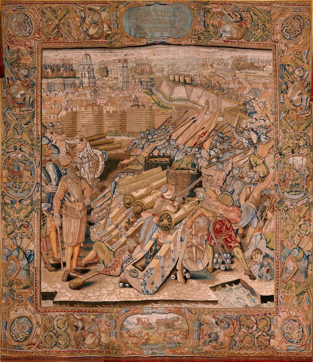 Flamandzki gobelin. Seria Triumfy i bitwy arcyksięcia Alberta. Napaść na miasto Calais (Asalto de la plaza de Calais). Drugi gobelin w serii. Model Otto van Veen i Hans I Snellinck. Manufaktura Martin Reynbouts, Bruksela autorstwa Otto van Veen
