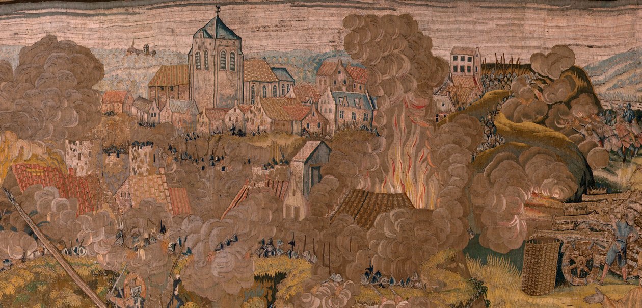 Flamandzki gobelin. Seria Triumfy i bitwy arcyksięcia Alberta. Nocny szturm na Ardres lub Zdobycie dolnego miasta Ardres (Asalto nocturno de Ardrés o Toma de la baja villa de Ardrés). Trzeci gobelin w serii. Model Otto van Veen i Hans I Snell autorstwa Otto van Veen