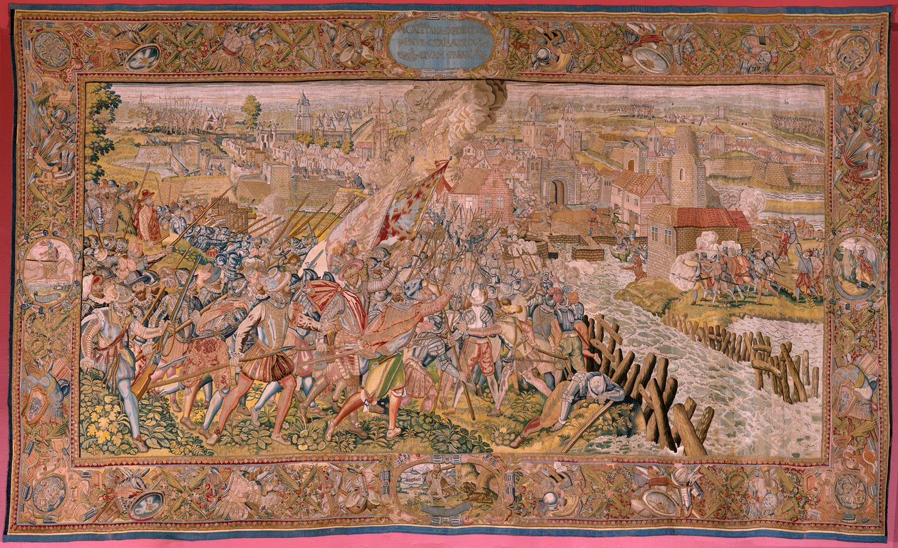 Flamandzki gobelin. Seria Triumfy i bitwy arcyksięcia Alberta. Niespodzianka w Calais (La sorpresa de Calais). Pierwszy gobelin z serii. Model Otto van Veen i Hans I Snellinck. Produkcja Martin Reynbouts, Bruselas. 1597-1599. Tkanina Złoto, srebro, si autorstwa Otto van Veen