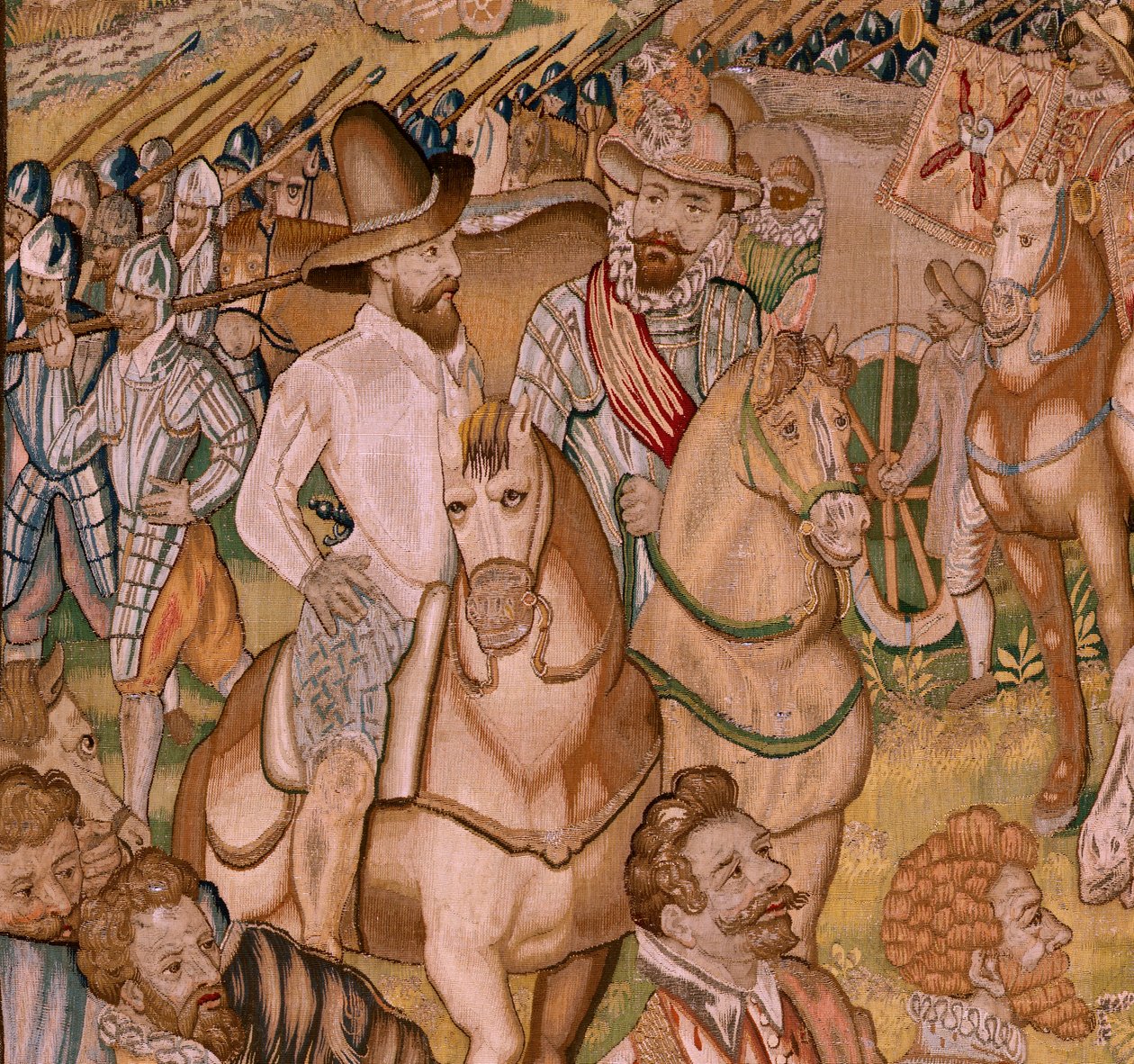 Flamandzki gobelin. Seria Triumfy i bitwy arcyksięcia Alberta; Garnizon Ardres wycofuje się do Francji (Retirada a Francia de la Guarnición de Ardrés). Czwarty gobelin w serii. Model Otto van Veen i Hans I Snellinck. Produkcja Martin Reynbou autorstwa Otto van Veen