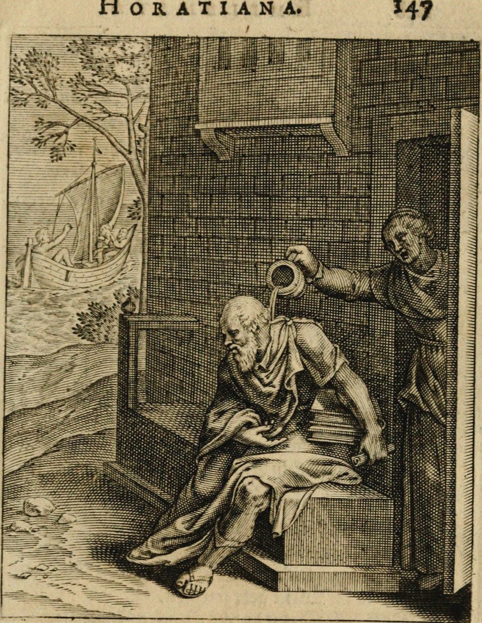 Xanthippe opróżniający nocnik nad Sokratesem. Z Emblemata Horatiana, 1607 autorstwa Otto van Veen