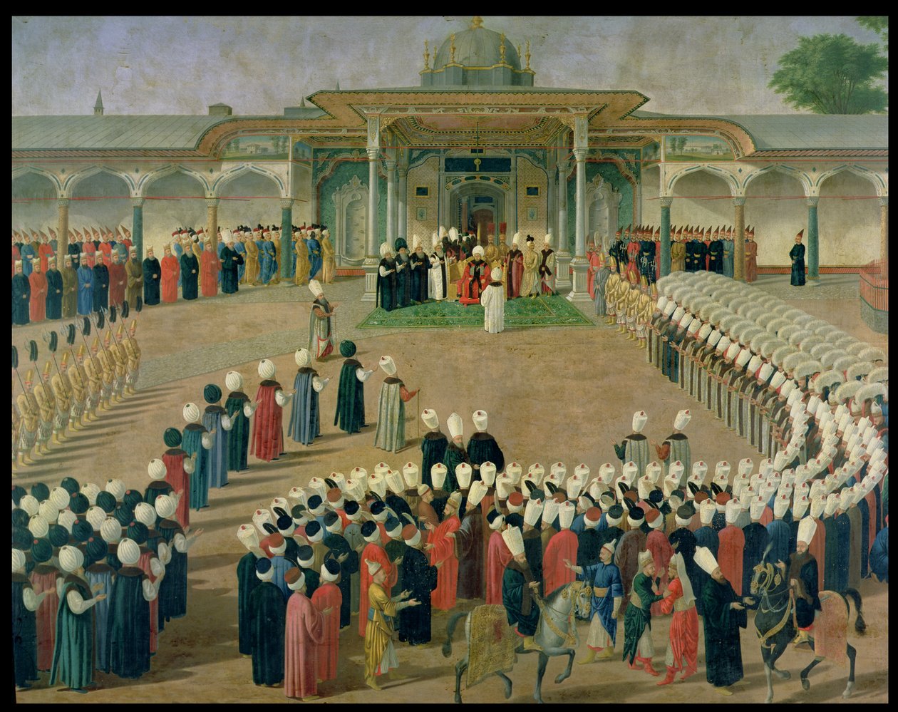 Recepcja na dworze sułtana Selima III (1761-1807) w pałacu Topkapi, koniec XVIII wieku autorstwa Ottoman School