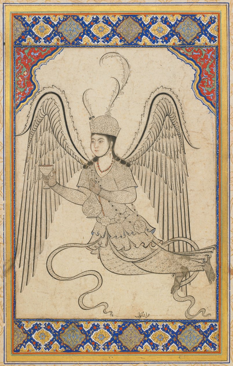 Anioł, latający, z kielichem i flaszką na wino (tusz, kolor wash i złoto na papierze) autorstwa Ottoman School