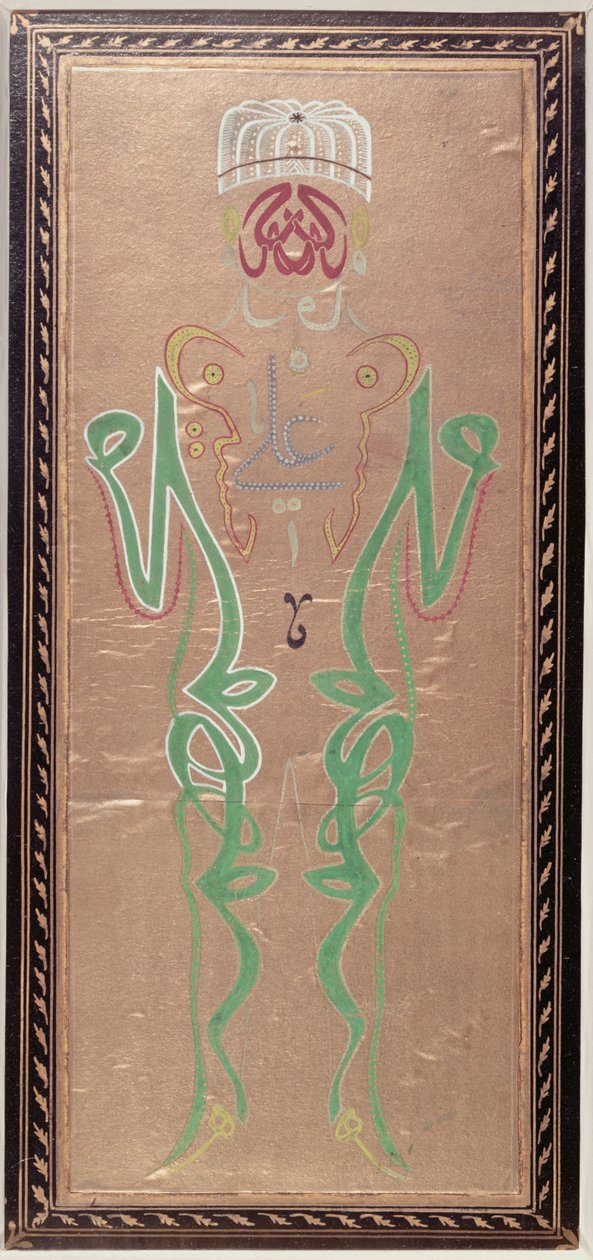 Kaligrafia arabska z imionami Mahometa, jego zięcia, Ali i Ali, dwóch synów Hassana i Husajna (kolorowy tusz na papierze) autorstwa Ottoman School