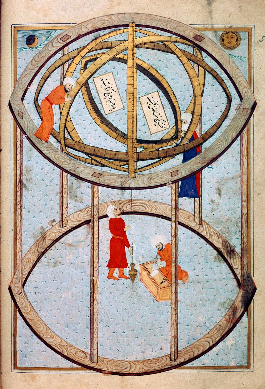 Astronomowie manipulujący ogromną kulą armilarną i narzędziami do pomiaru długości i szerokości geograficznej Miniatura z manuskryptu ms. FY 1404 „” Sehinsahname”” (lub Shahinshah-nama lub Shahinshah-nameh, Shahinshah nama lub Shahinshah nameh) „Historia k autorstwa Ottoman School