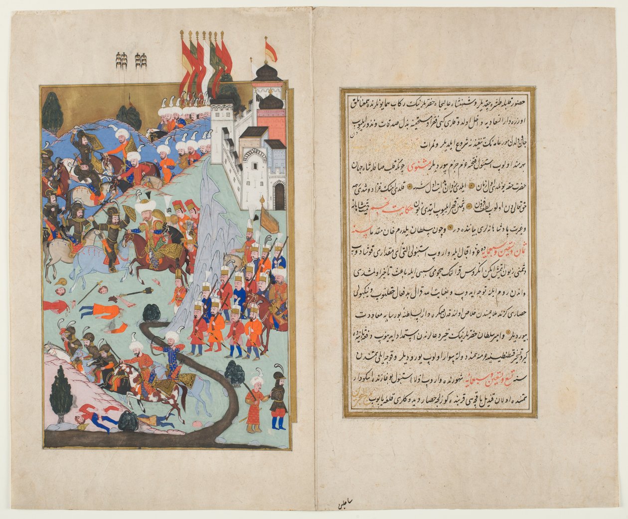 Bayezid I, The Thunderbolt, rozbija krzyżowców w bitwie pod Nikopolis, z Hunernama (nieprzezroczysta toaleta i atrament na papierze) autorstwa Ottoman School