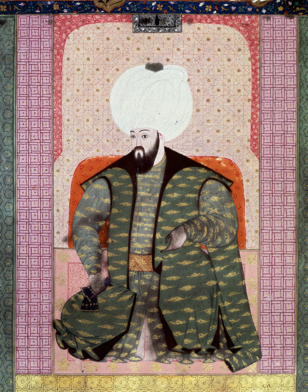 Imperium Osmańskie: „” Portret sułtana osmańskiego Bajazed (Bayezid, Bajazet, Bayazid) II Sprawiedliwy (1447-1512)”” Miniatura z rękopisu (Ms. 1973, t. 62a) „” Zubdat al Tawarikh” (Zubdat al Tawarikh) (Creme of Stories) historyka Seyida Loqida Ashuriego 1 autorstwa Ottoman School