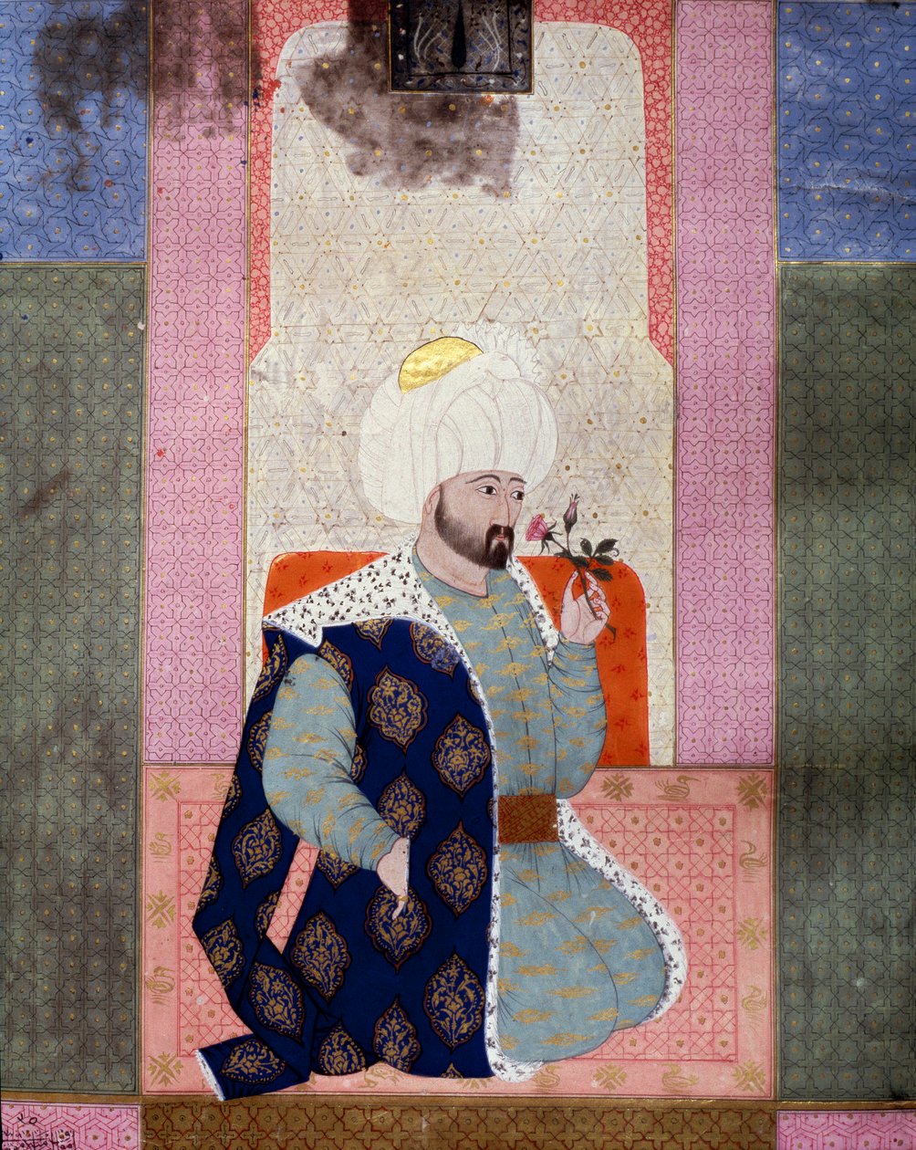 Imperium Osmańskie: „” Portret sułtana osmańskiego Mehmeta (lub Mehmeda lub Mahometa) Celebi I (1389-1421)”” Miniatura z rękopisu (Ms. 1973, folio 62a) „” Zubdat al Tawarikh” (Zubdat al Tawarikh) (Creme Opowieści) historyka Seyyida Loqmana Ashuriego 1538.  autorstwa Ottoman School