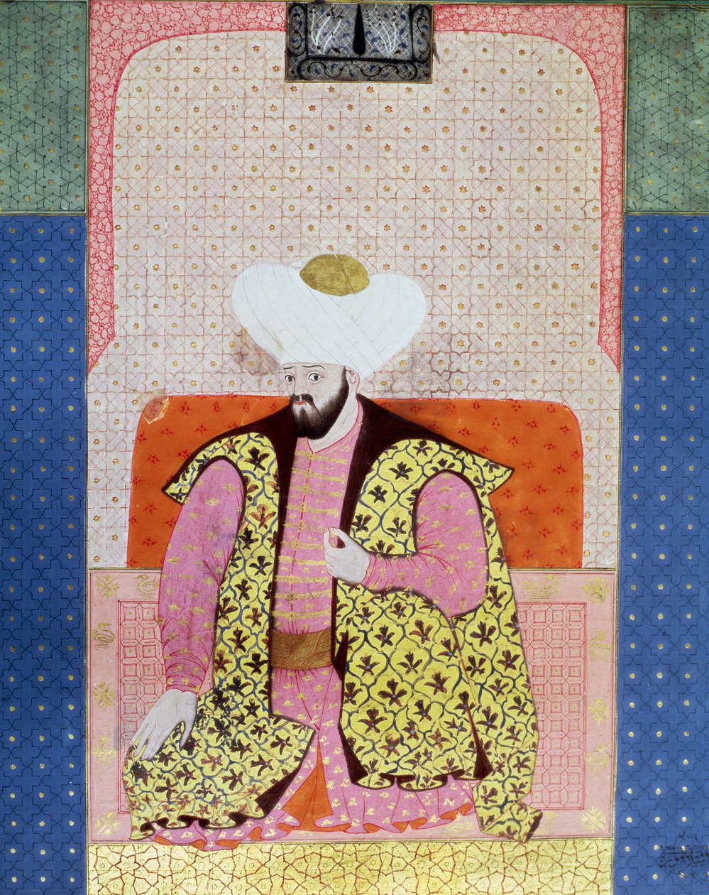 Imperium Osmańskie: „” Portrait of Ottoman Sultan Murad II (Murat) (1404-1451)”” Miniatura z rękopisu (Ms. 1973, folio 62a) „” Zubdatat-al Tawarikh”” (Zubdat al Tawarikh) (Creme of Stories) ) historyka Seyyyida Loqmana Ashuriego 1538. Turecki i islamski autorstwa Ottoman School