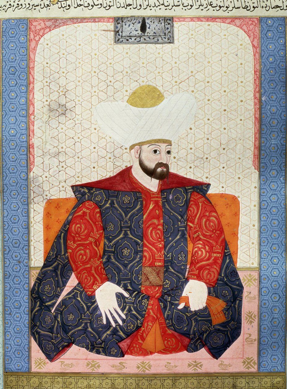 Imperium Osmańskie: „”Portret osmańskiego sułtana Murada I (1326-1389)”” Miniatura z rękopisu (Ms. 1973, folio 62a) „” Zubdatat-al-Tawarikh”” (Zubdat al-Tawarikh) (Creme of Stories) historyk Seyyid Loqman Ashuri 1538. Muzeum Sztuki Tureckiej i Islamskiej autorstwa Ottoman School