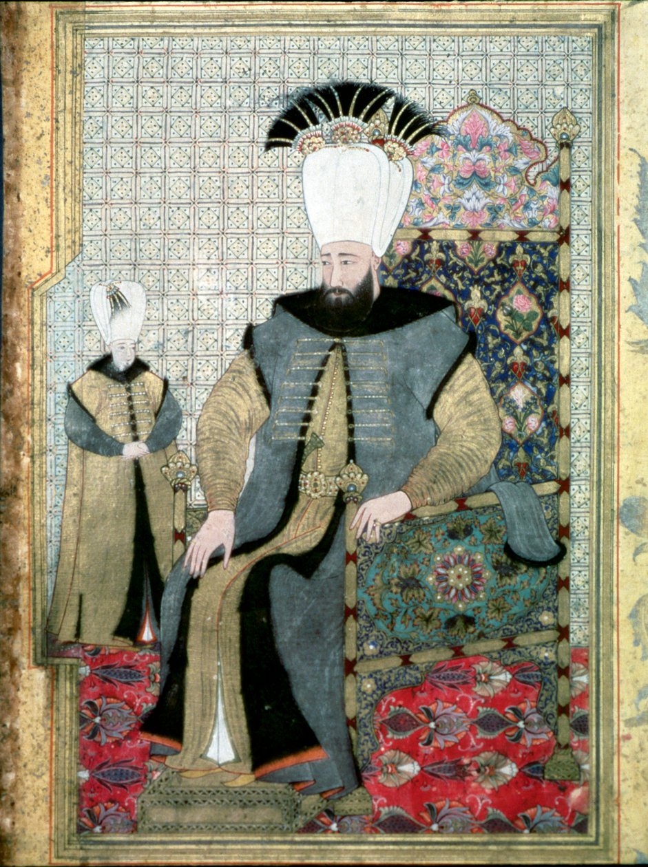 Imperium Osmańskie: Portret sułtana Ahmeta (lub Ahmeda) III (1673-1736)”” Jest to reprezentatywne wskazanie palcem może oznaczać rozkaz rzezi zakonu janczarów. Miniaturowy Stambuł, Muzeum Topkapi Sarayi, Turcja autorstwa Ottoman School
