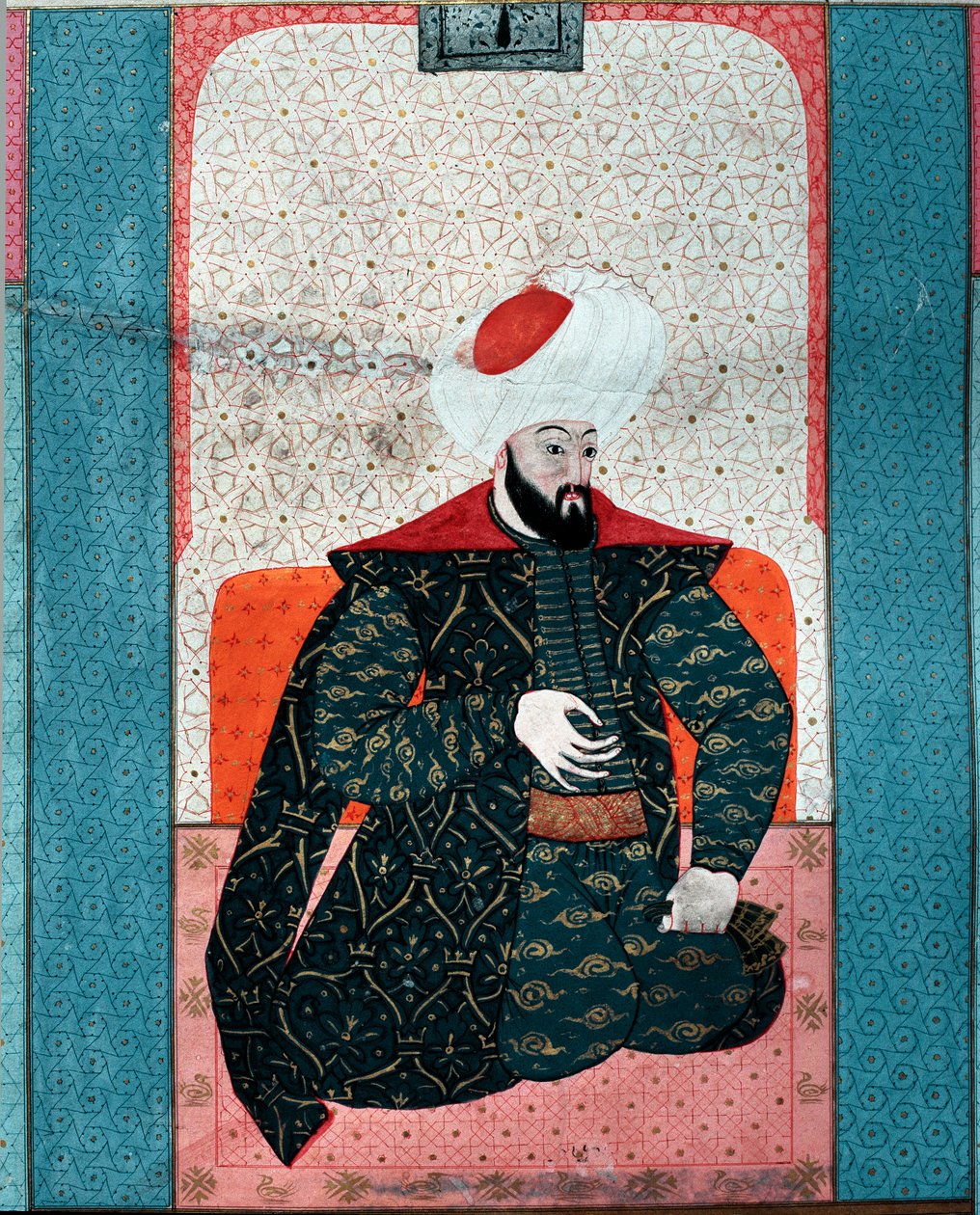 Imperium Osmańskie: „” Portret sułtana Osmana I (Othman Gazi rahimahu llah) (1258-1326)”” Miniatura z „Zubdat al Tawarikh”” (Ms. 1973, fol. 59a) Seyyyd Lokman Ashuri 1583 Stambuł, turecko-islamski Muzeum Sztuki autorstwa Ottoman School