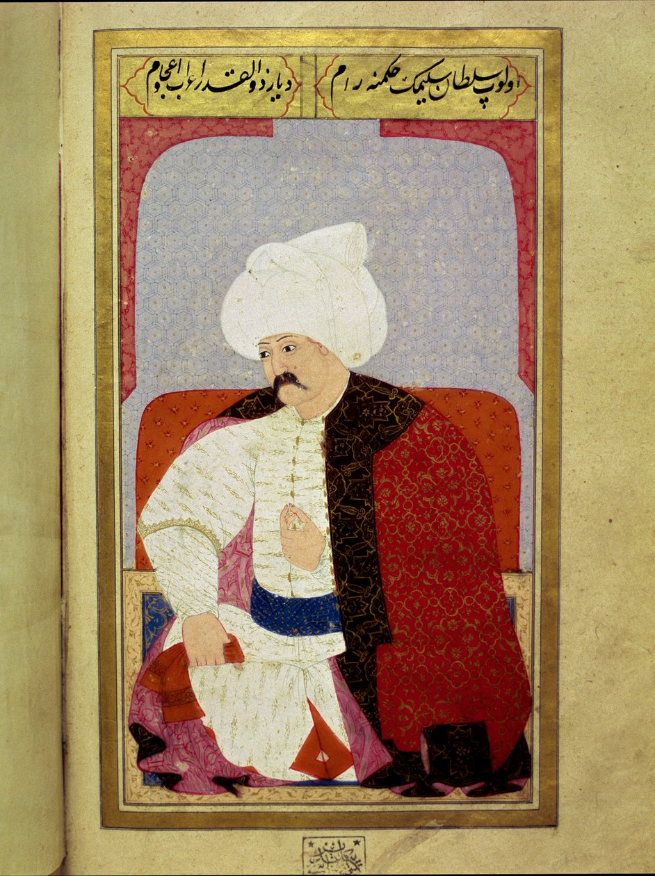 Imperium Osmańskie: „” Portret dziewiątego sułtana osmańskiego Selima I mówi strasznego lub okrutnego (1470-1520)”” Miniatura z rękopisu „” Fizjonomia ludzka (O osobistych aranżacjach Osmanów) autorstwa Seyyida Lokmana Husseina. (Pani ty6087 folio 44b) autorstwa Ottoman School